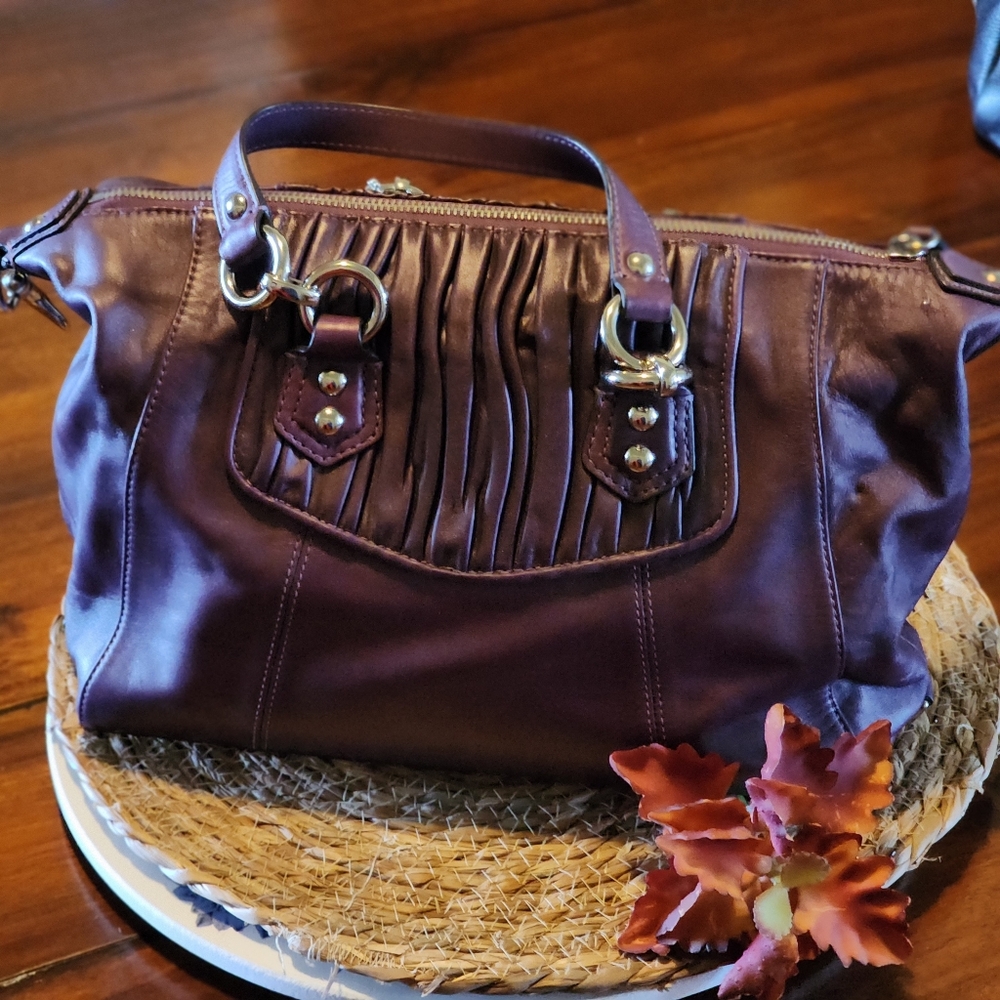 Coach Ashley Gathered Satchel All Leather Purse Bag Aubergine Purple